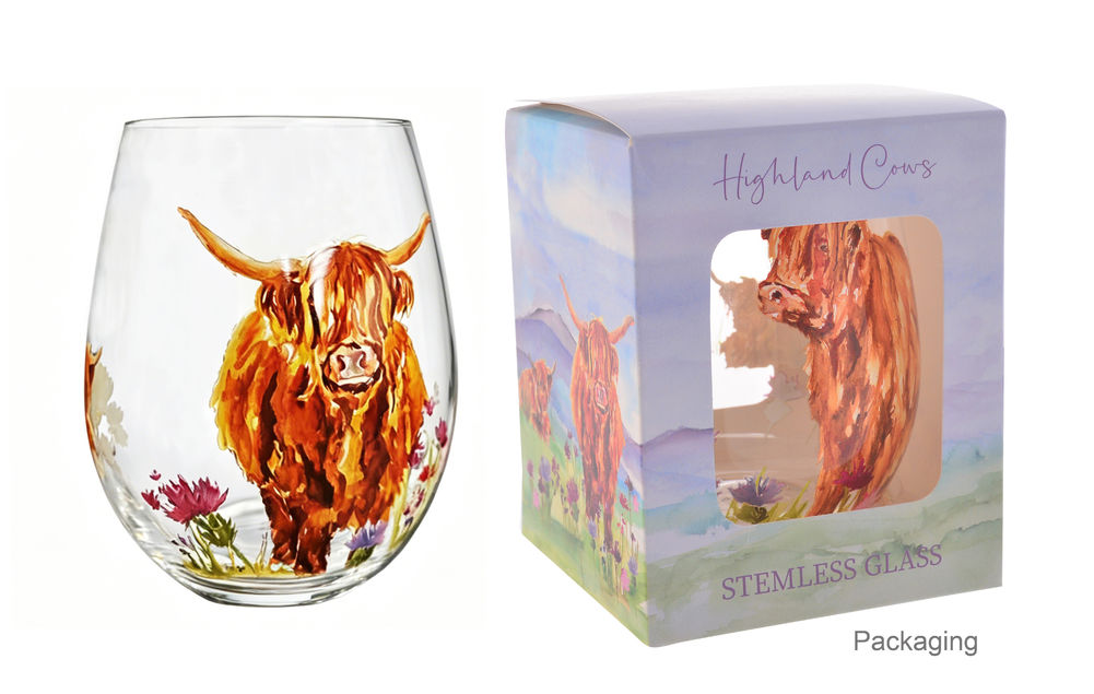 [56077] ART HIGHLAND COW STEMLESS GLASS