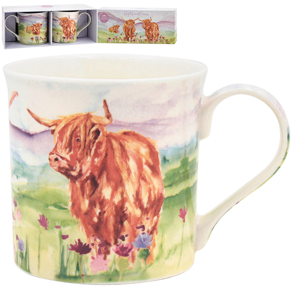 [27299] ART HIGHLAND COW MUG S/2