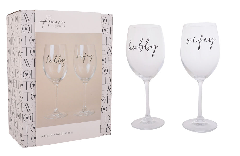 [27497] AMORE WINE GLASS WIFEY & HUBBY SET/2